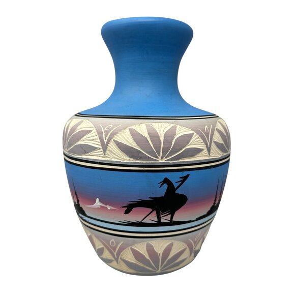 Navajo Native American Pottery Vase Blue Sunset Silhouette Design Signed 8 Inch - Picture 2 of 11